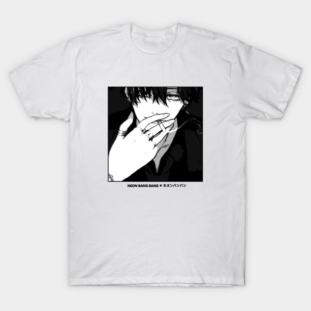 Smoking Male Black and White Anime Manga Aesthetic T-Shirt by Neon Bang Bang